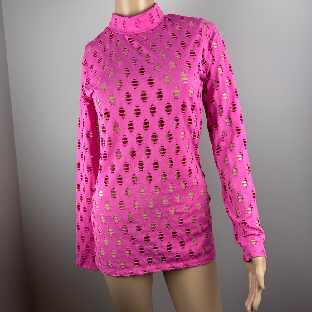 POSH by V Perforated High-Neck Pink Long Sleeve Stretch-jersey Top‎